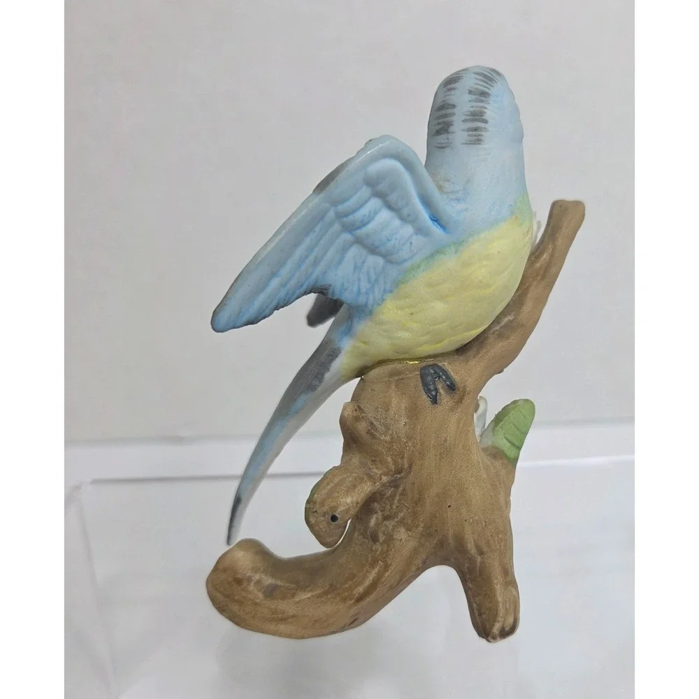 Vintage Ceramic Blue Bird Figurine On Branch With Applied Flowers